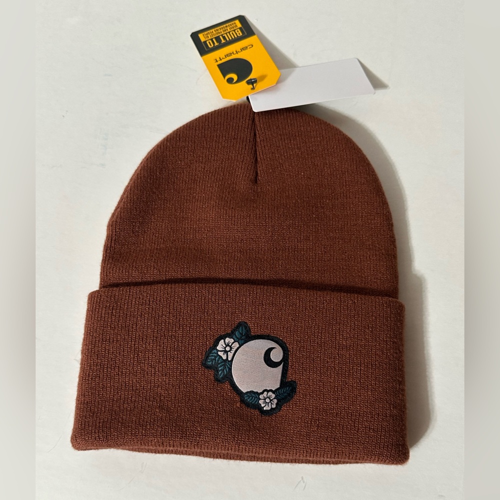 Carhartt Women’s Knit Floral Patch Beanie, Brown, O/S, New With Tags